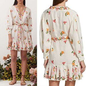 NWT Hannah Artwear Amalia Embroidered Linen Tie Mini Dress Marguerite Size: 6